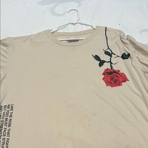 Tan Short Sleeve Tee with Red Rose Design